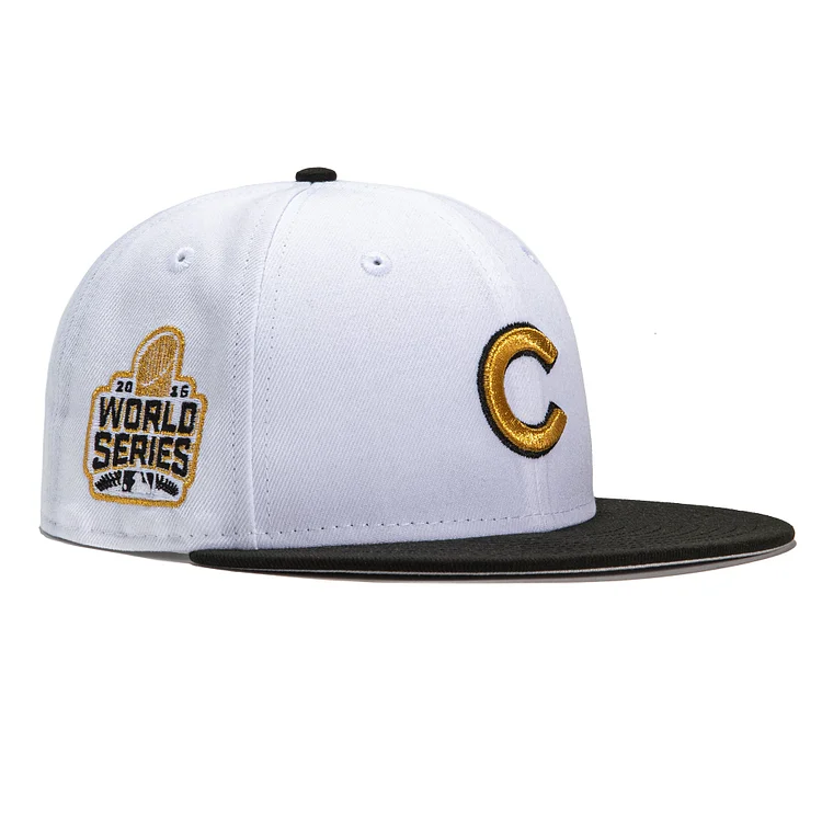 New Era 59Fifty Champs Pack Chicago Cubs 2016 World Series Patch Hat - White, Black, Metallic Gold QueenFunky