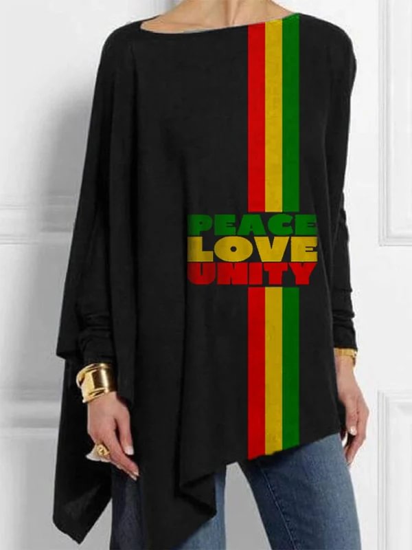 Vefave Women's Reggae Print Loose Long Sleeve Asymmetric T-Shirt