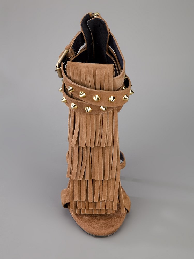 Brown Stiletto Heels Fringe Sandals Rivets Gladiator Heel Sandals |FSJ Shoes