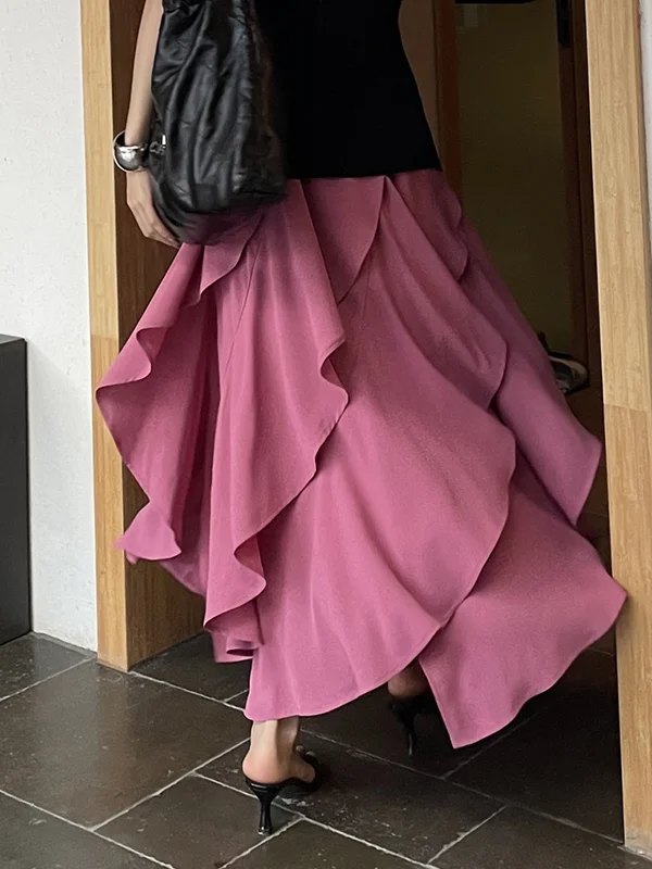 A-Line Roomy Asymmetric Elasticity Falbala Pure Color Tiered Skirts