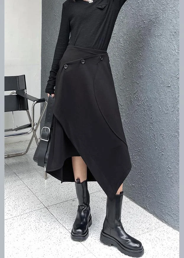 Women Black Asymmetrical Button Cotton Skirt