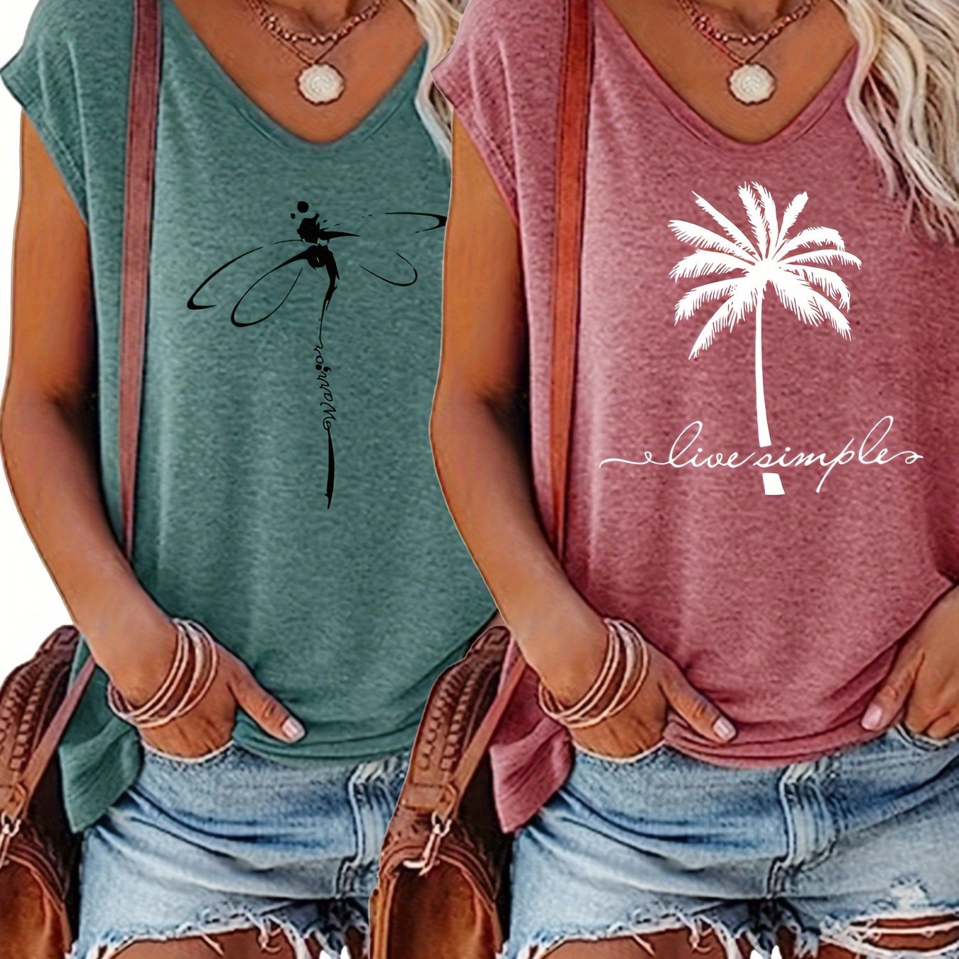 Women's V-Neck Sleeveless Tank Top Set - Dragonfly & Palm Tree Prints, Summer Casual Outfit