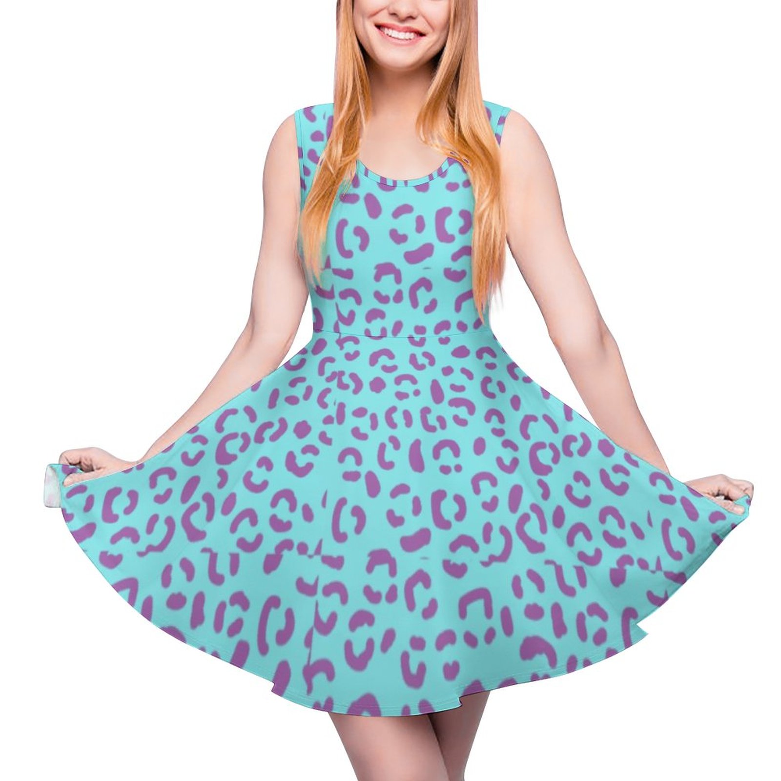 Jaguar Spots Animal Purple and Light Blue Sleeveless Mini Skater Dresses Blue-5XL