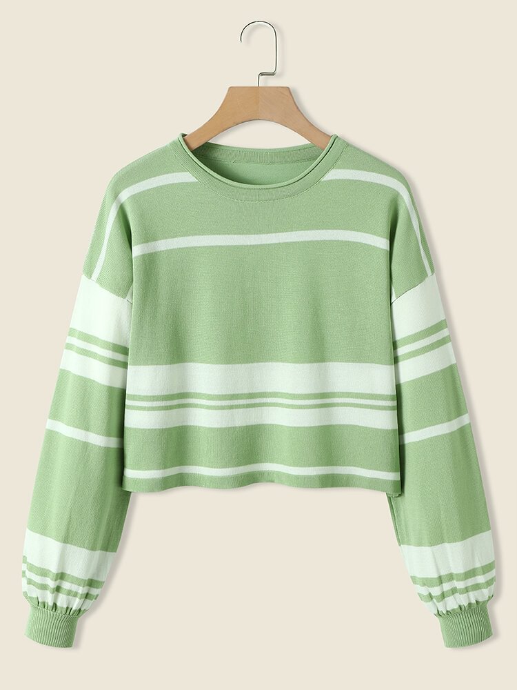 Stripe Contrast Drop Shoulder Long Sleeve Crew Neck Sweater