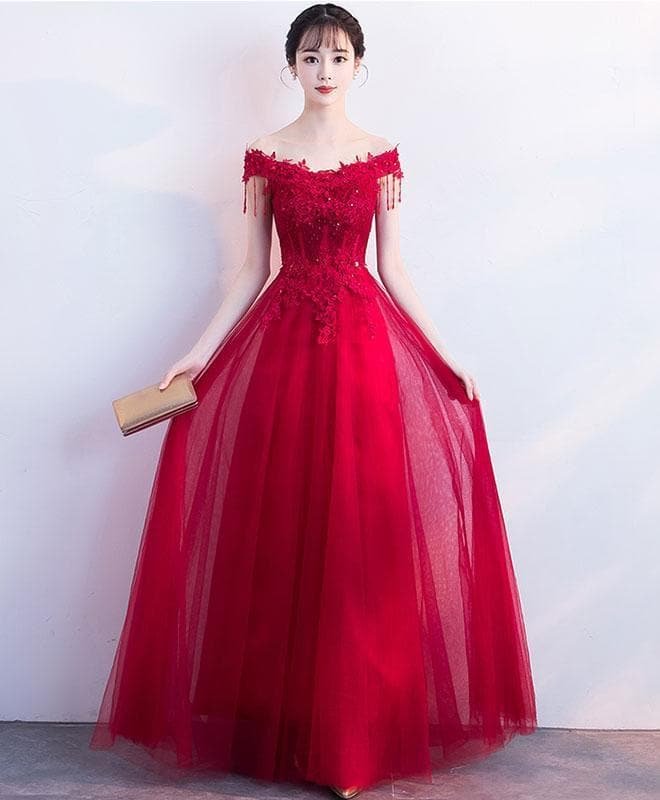 Burgundy V Neck Tulle Lace Long Prom Dress, Burgundy Tulle Bridesmaid Dress