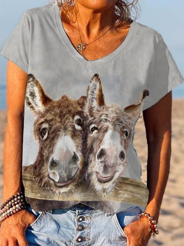 Happy Donkey Friends Printed V-Neck Tee