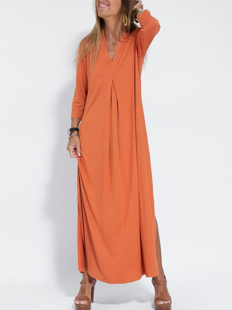 Rotimia Solid Color V-Neck Comfy Dresses