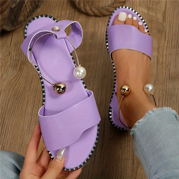 Women's Faux Pearl Metal Ankle Strap Flat Sandals, Fashion Open Toe Solid Anti-skid Shoes, Casual Sandals