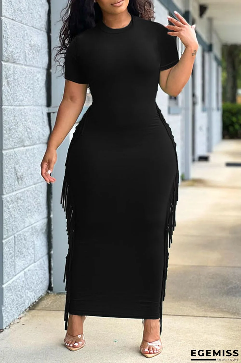 Black Casual Solid Tassel Patchwork O Neck One Step Skirt Dresses | EGEMISS