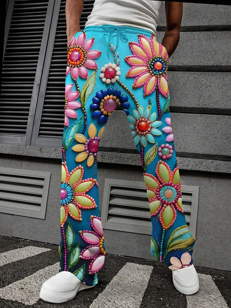 Women's Beaded Flowers Art Print Casual Pants