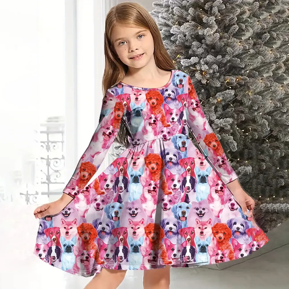 【2Y-10Y】Girls Cute Heart Shaped Dog Mermaid Print Long Sleeve Dress