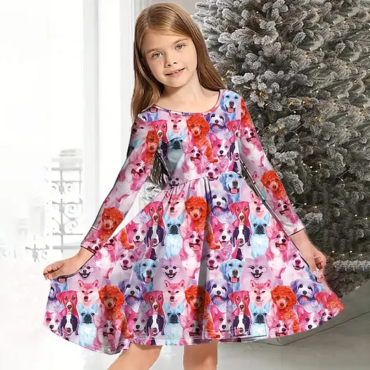 【2Y-10Y】Girls Cute Heart Shaped Dog Mermaid Print Long Sleeve Dress
