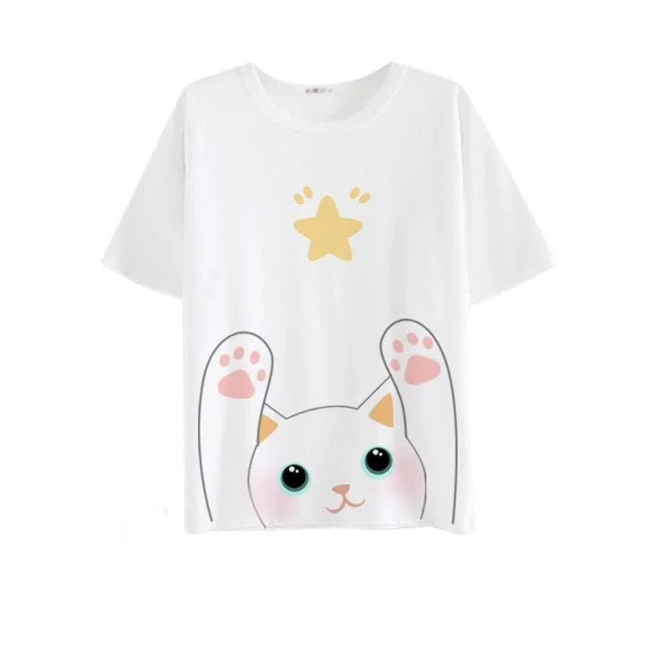 White/Black/Grey Neko Atsume Printing T-Shirt SP179475