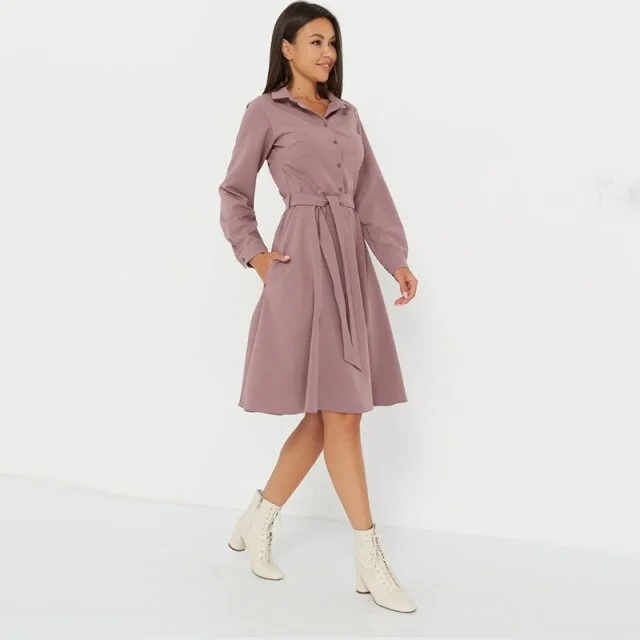 Amalrob Women Vintage Sashes Elegant A-line Party Dress Long Sleeve Turn Down Collar Solid Casual Dress  Winter New Fashion Dress