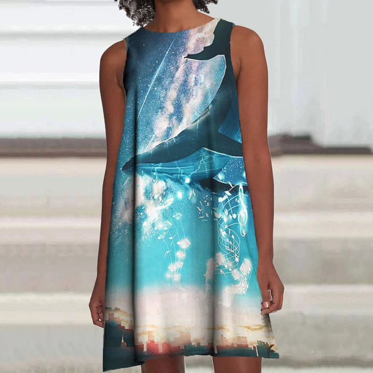 Vefave Whale Street Print Crewneck Mini Dress