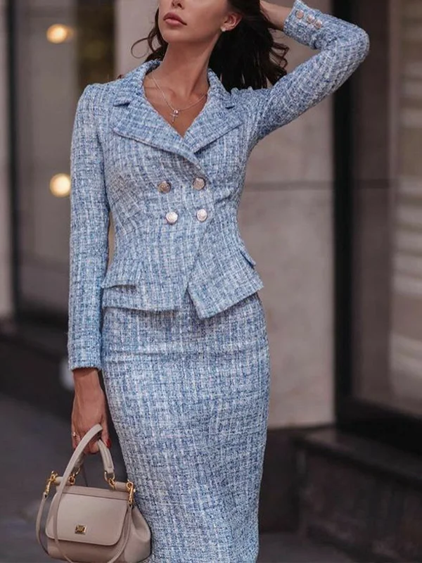 Blue Suit Collar Small Fragrance Top Skirt Set