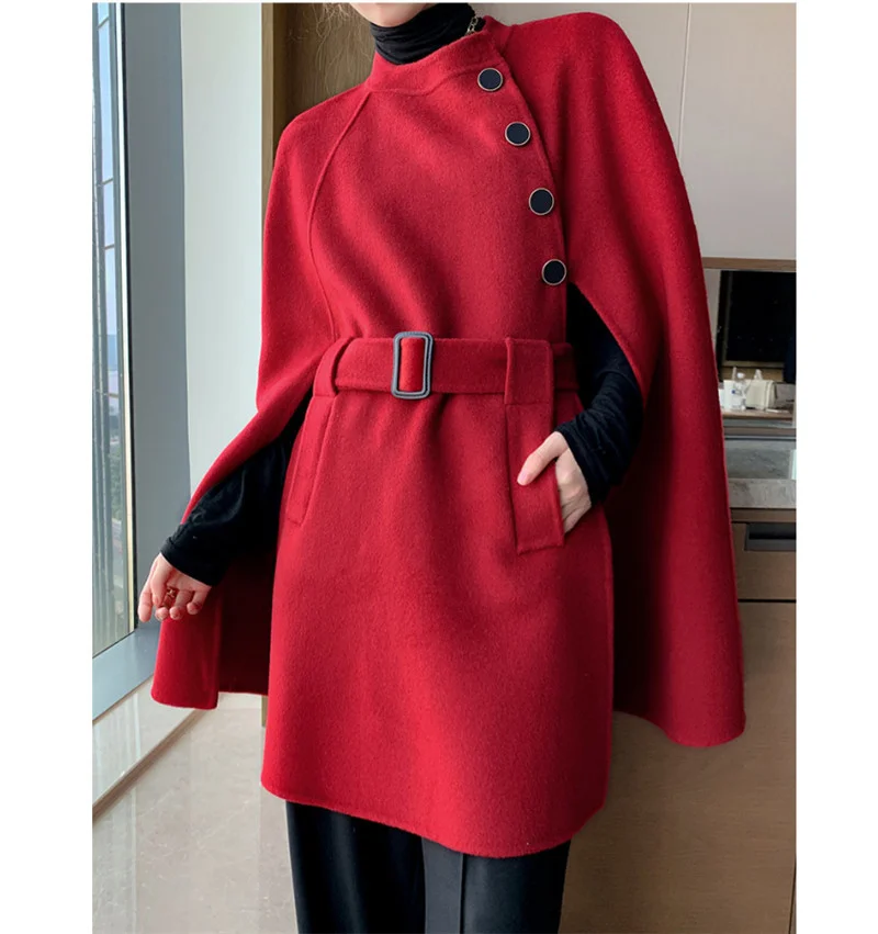 New Lace-Up Loose Mid-Length Double-faced Wool Cape Coat
