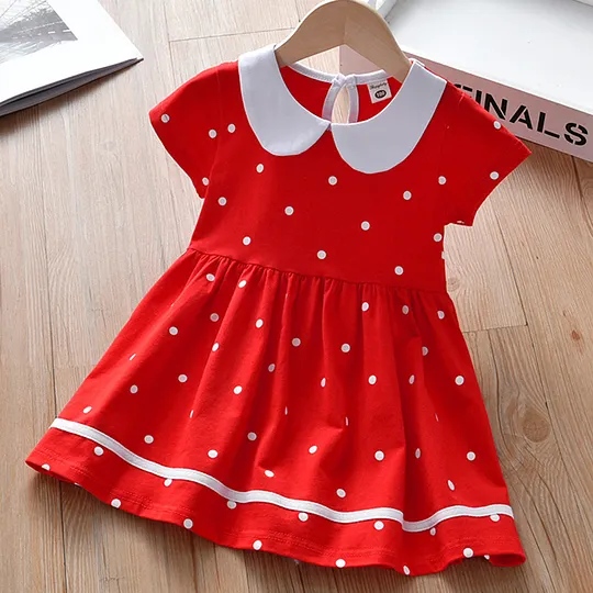 【18M-8Y】Girls Red Polka Dot Lapel Short-sleeved Dress