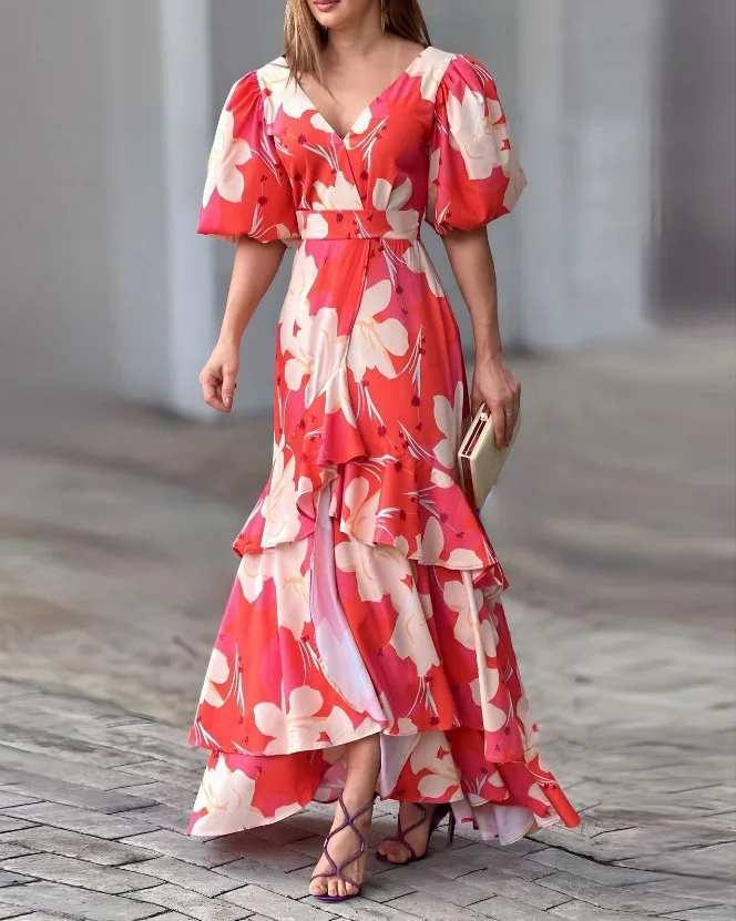 Puff Sleeve Print Ruffle Dress