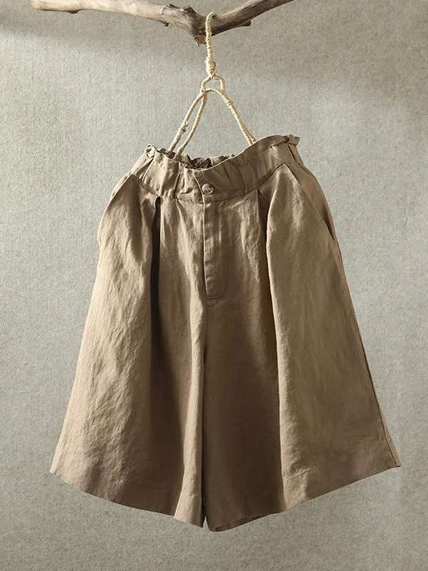 Casual Linen Pure Color Elasticity Waist Wide Leg Shorts