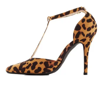Leopard Print T-strap Pointed Toe Suede Pumps with Heels Vdcoo