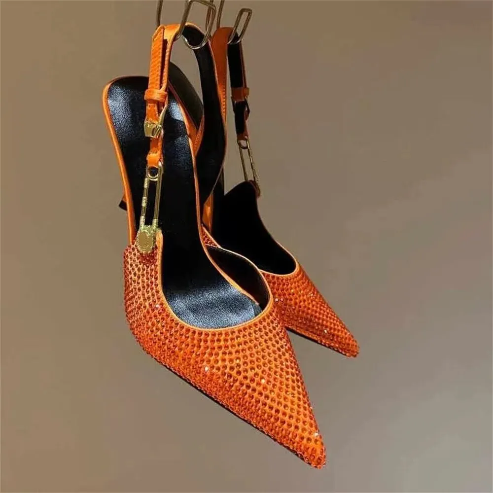 VCSHOES Orange Rhinestone Pointed Toe Slingback Sandals Woman Silver Bright Skin Gold Buckle High Heel Shoes For Women