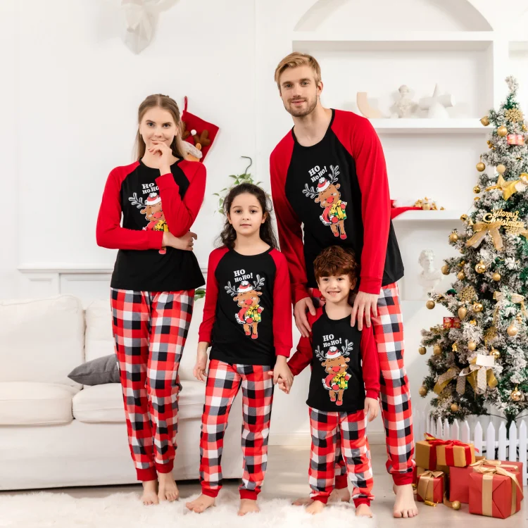 'Ho Ho Ho' Christmas Reindeer Letter Plaid Christmas Family Pajamas Sets