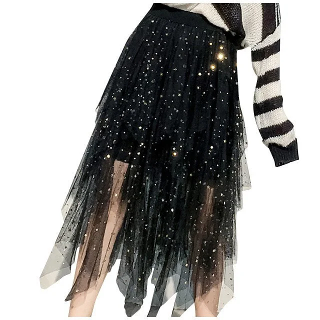 Fairy Solid Color Star Sequins Irregular Hem Tulle Skirt