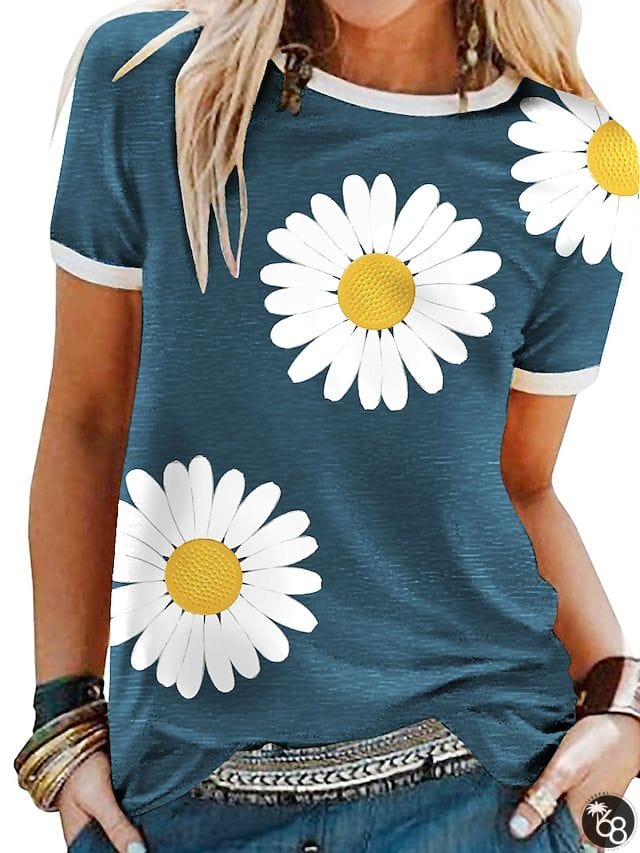 Women's T shirt Tee Yellow Red Blue Floral Sunflower Short Sleeve Daily Round Neck Loose Fit S | 168DEAL