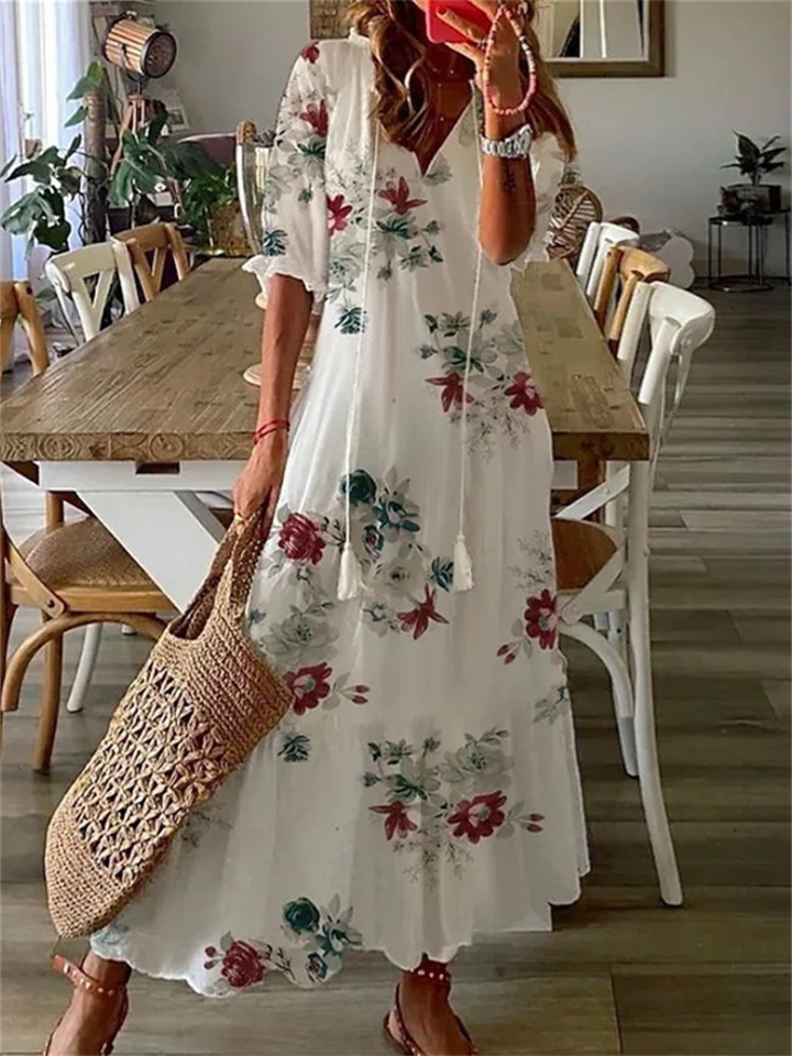 Women's A Line Dress Maxi long Dress Purple Half Sleeve Print Ruched Print Spring Summer V Neck Casual Vacation 2022 3XL