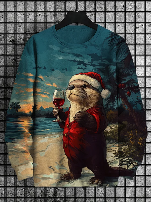 Men's Christmas Otter Beach Vacation Print Casual Sweatshirt