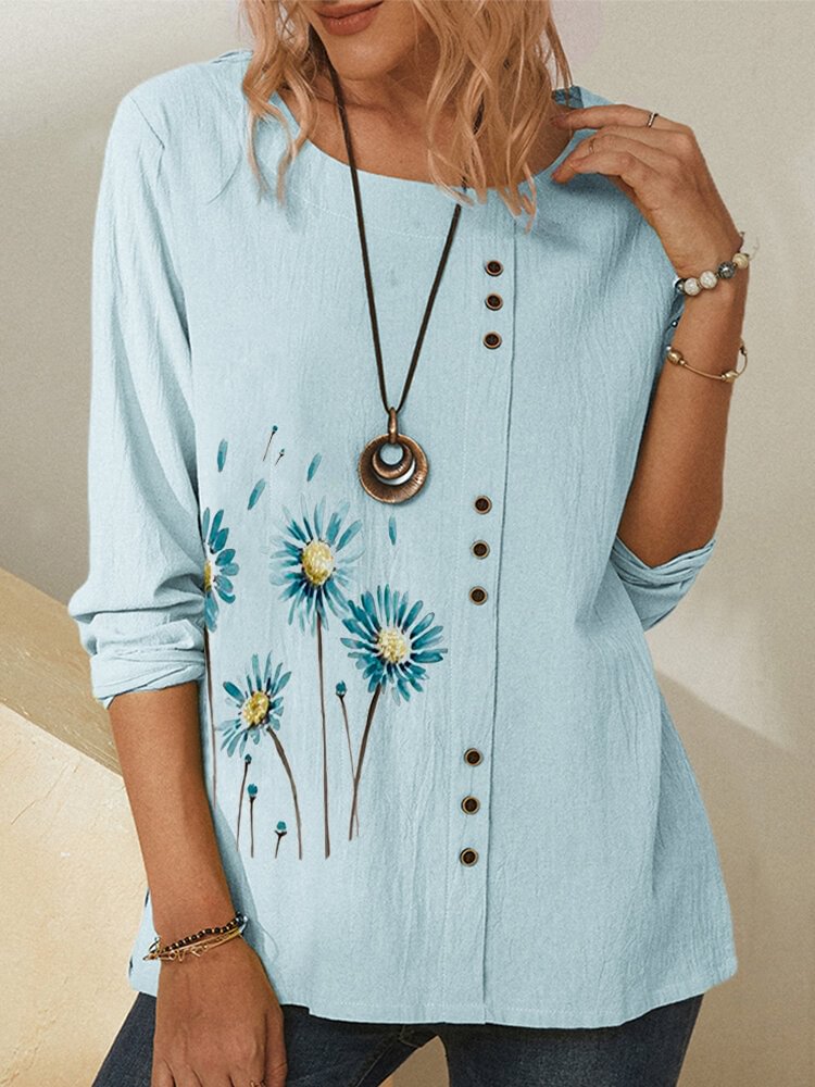 Button Daisy Flower Print Long Sleeve Casual Blouse For Women P1705401