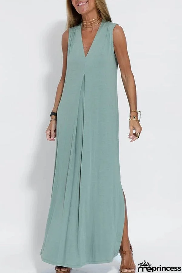 Women Casual Solid Color Sleeveless Maxi Dress