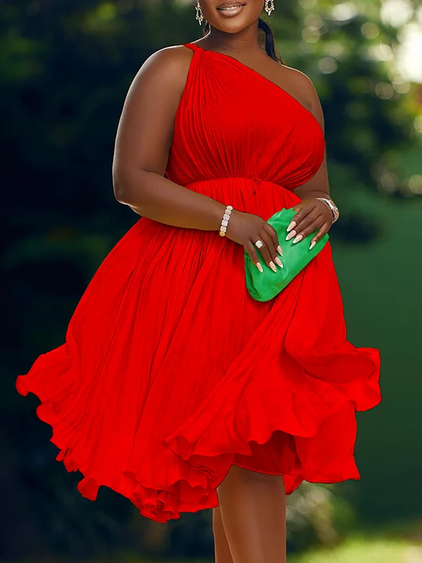 Asymmetric Pleated Ruffled Solid Color A-Line Plus Size One-Shoulder Midi Dresses