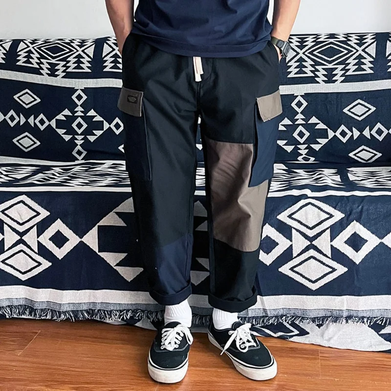 Retro Multi-Pocket Straight-Leg Color Block Elastic Waist Cargo Pants