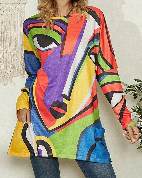 Portrait Abstract Art Print Pocket Long Sleeve Casual Blouse