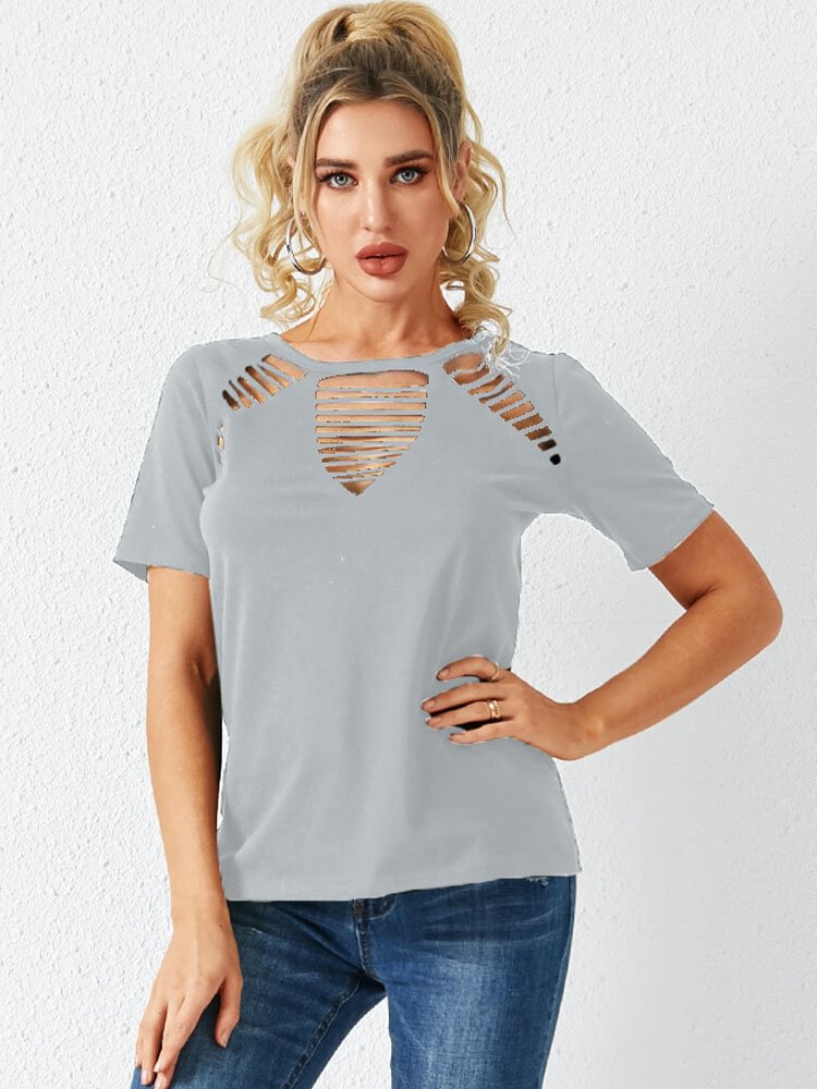 Solid Short Sleeve Hollow Crew Neck Casual T-shirt