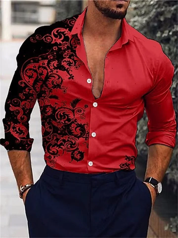 Men's Shirt Floral Print Long Sleeve Button-Down Tops Turndown Green Black Blue Red Brown Daily Holiday Fashion Casual Breathable-JRSEE