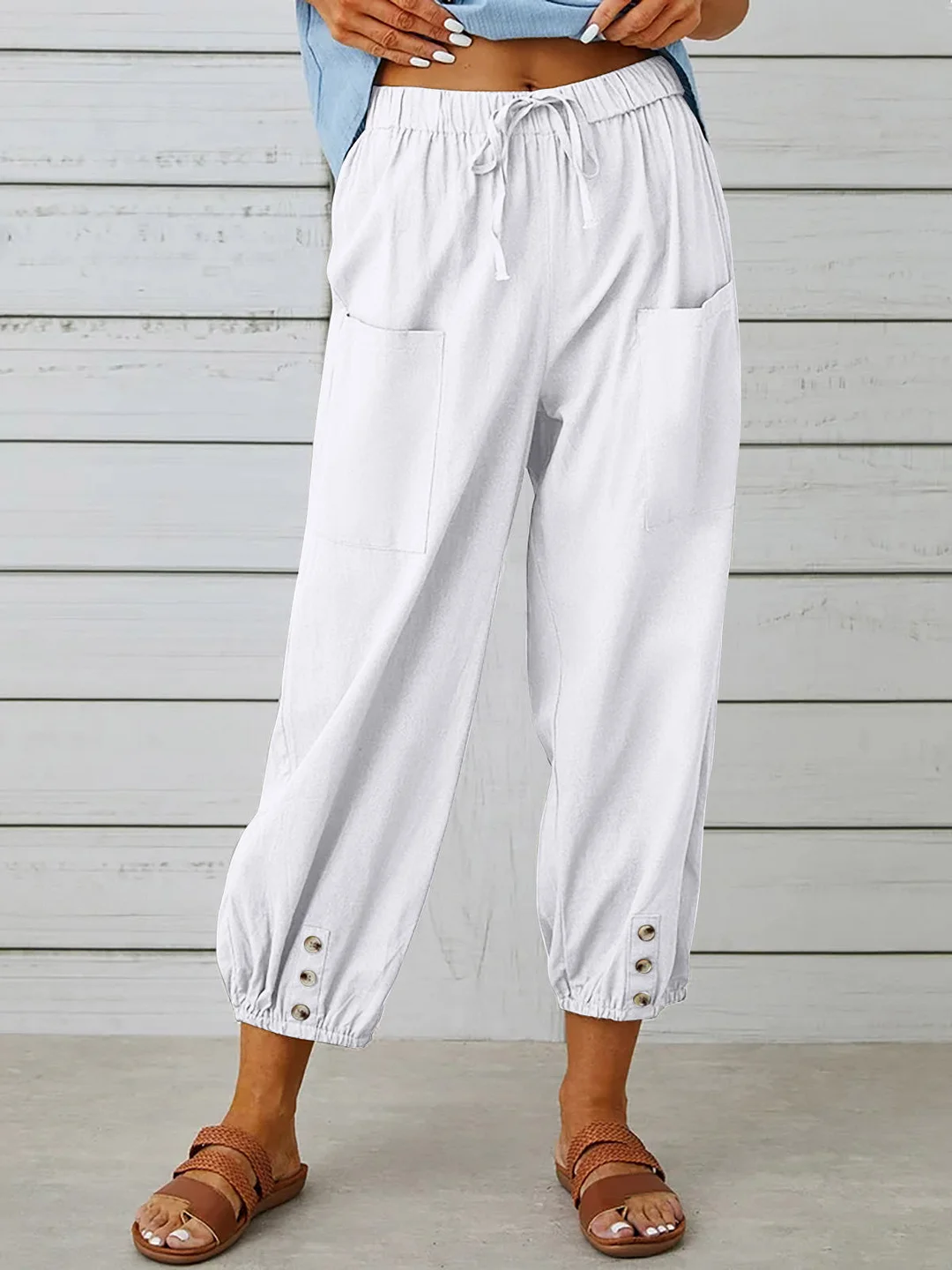 Women's Loose High-waisted Buttons Cotton and Linen Cropped Wide-leg Trousers