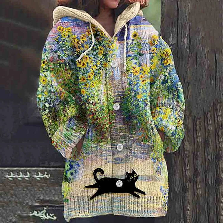 Vintage Black Cat Playing In Garden Cozy Cardigan Sweater