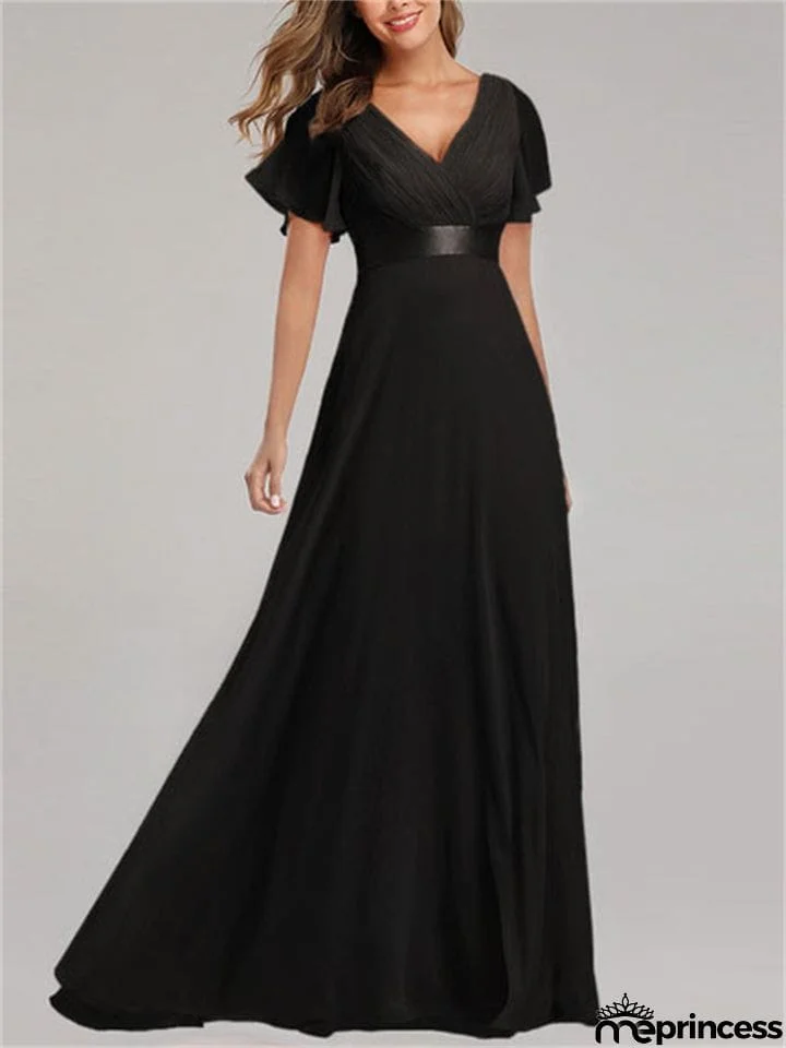 New Elegant V-Neck Ruffles Chiffon Formal Evening Gown Maxi Dresses