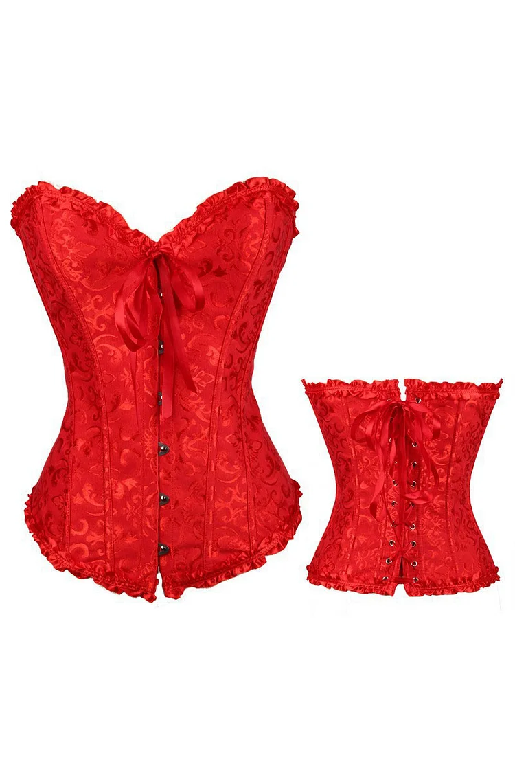 Jacquard Pattern Ruffled Trim Strapless Tie Up Single-Breasted Corset