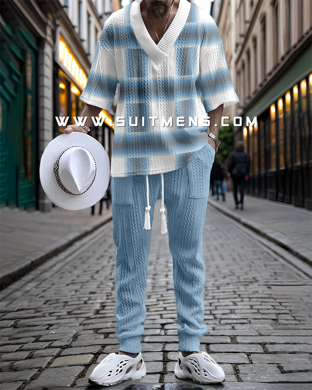 Men's V-Neck Luxurious Colorblock Textured Print Trouser Set 015