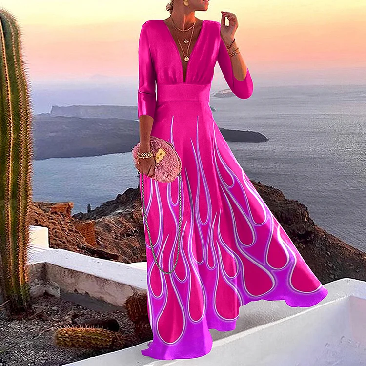 Vefave V Neck Flame Print Long Sleeve Maxi Dress