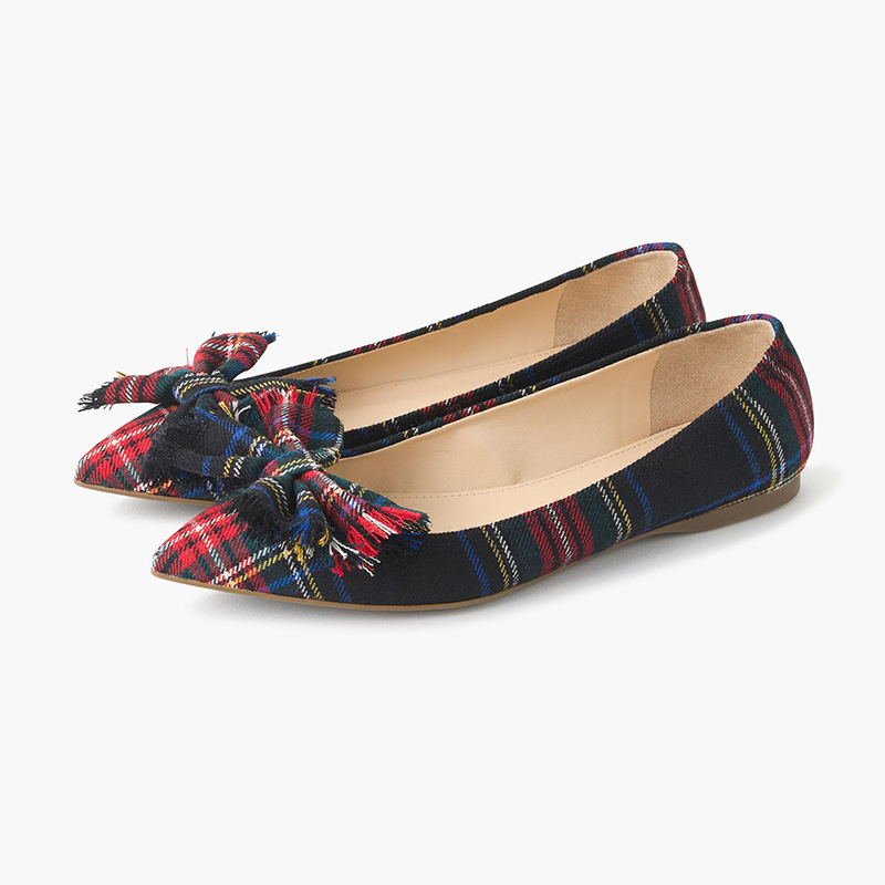 TAAFO Red And Green Plaid Bow Single Shoe Pointed Toe Comfort Flat Shoes Ladies 