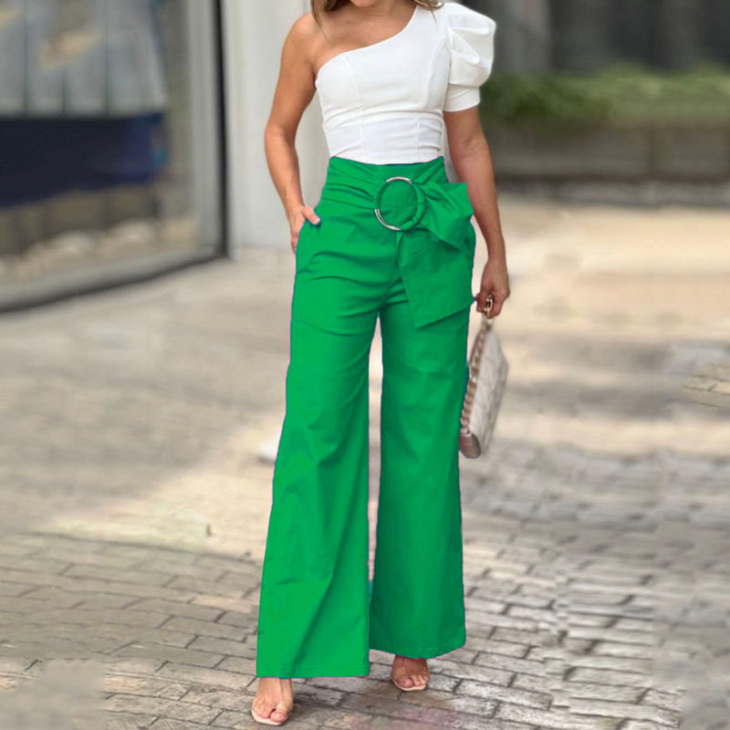 Sexy Fashion Puff Sleeve Solid Color Top Loose Wide Leg Two-piece Set