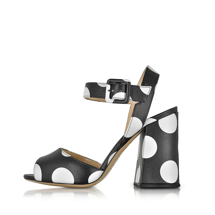 Polka Dots Chunky Heel Sandals Black and White Vdcoo