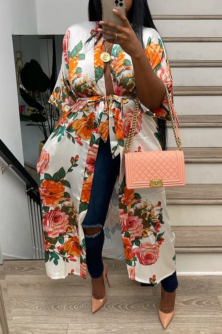 White Casual Print Bandage Split Joint Dresses