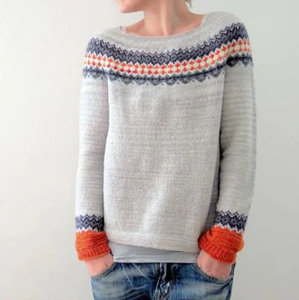 VChics Vintage Round Neck Color Block Loose Pullover Sweater