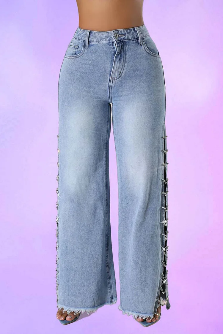 Denim Wide Leg Slit Side Rhinestone Decor Raw Edge Jeans